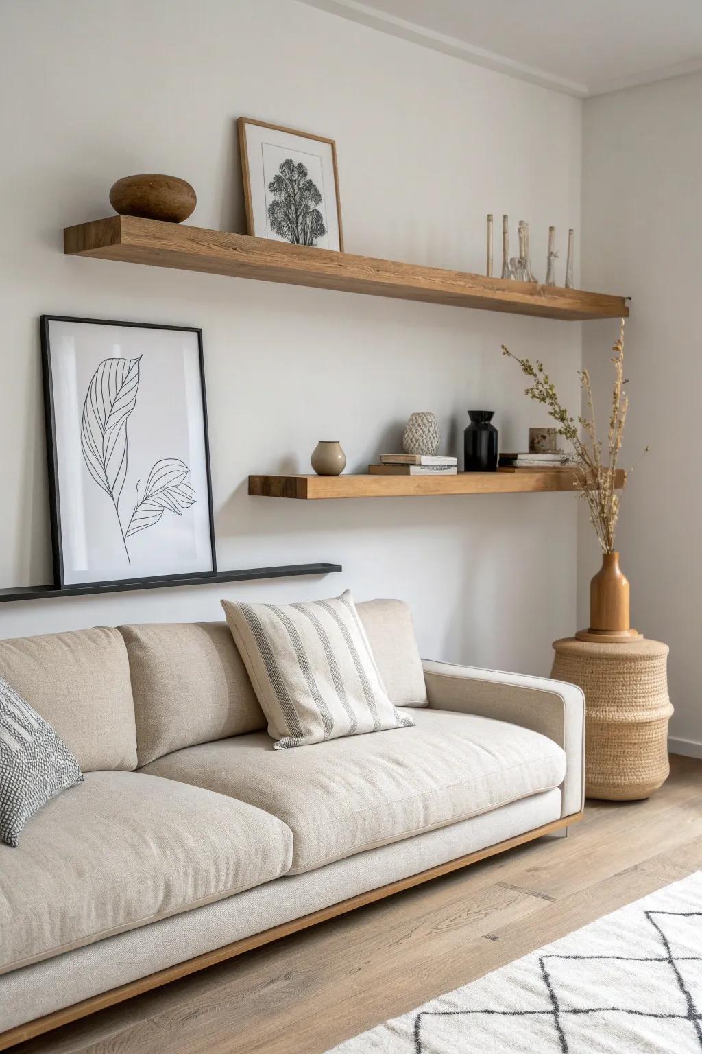 A long oak shelf above the sofa—perfect for leaning art and a few curated books.