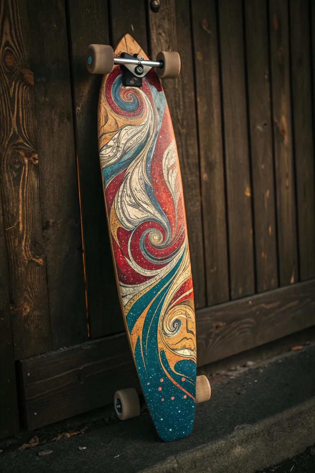 Unleash your creativity with abstract swirls and vibrant hues on your longboard.