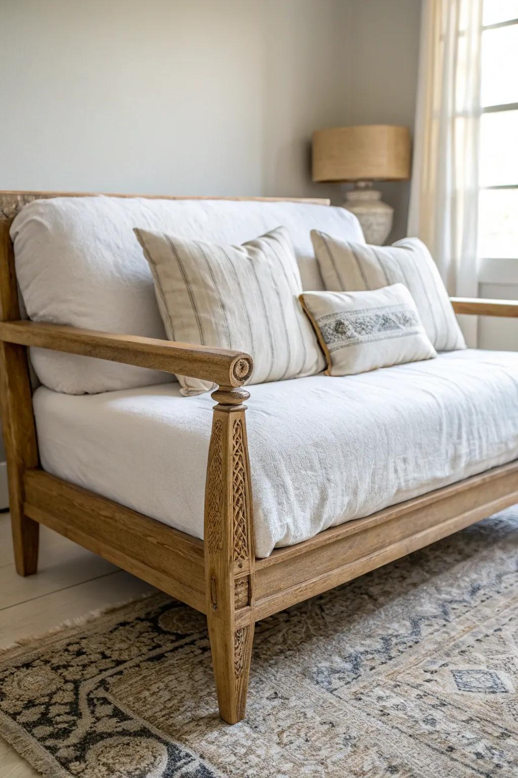 A cozy slipcovered loveseat in natural oak—farmhouse comfort with washable, relaxed charm.