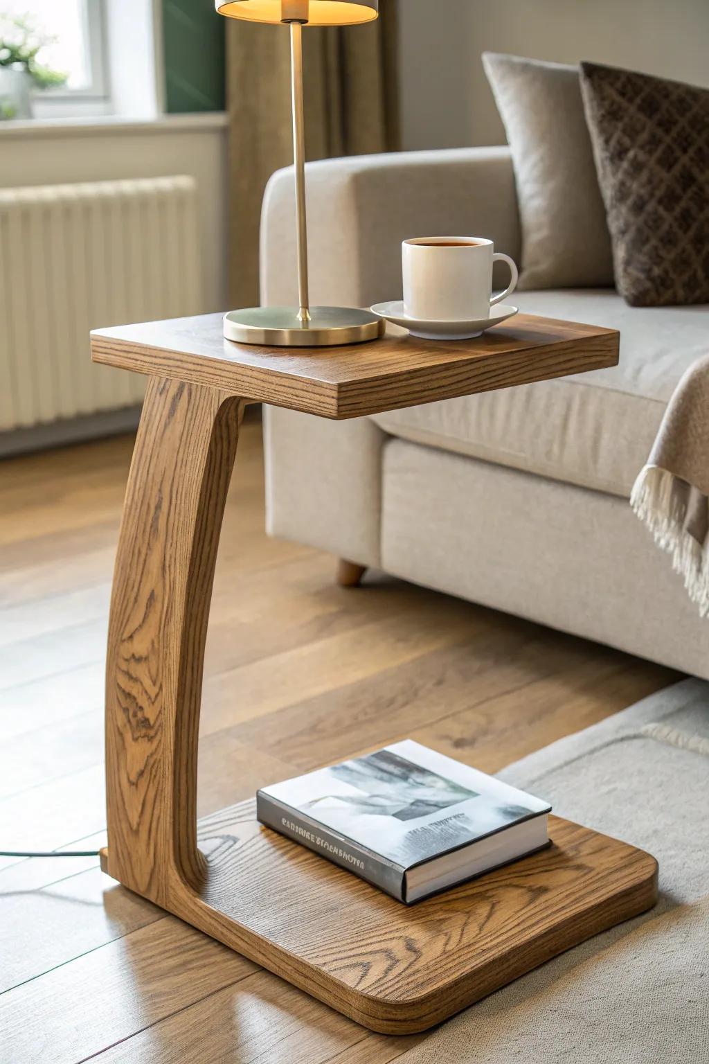A handmade oak C-table turns a loveseat corner into the coziest minimalist reading nook.