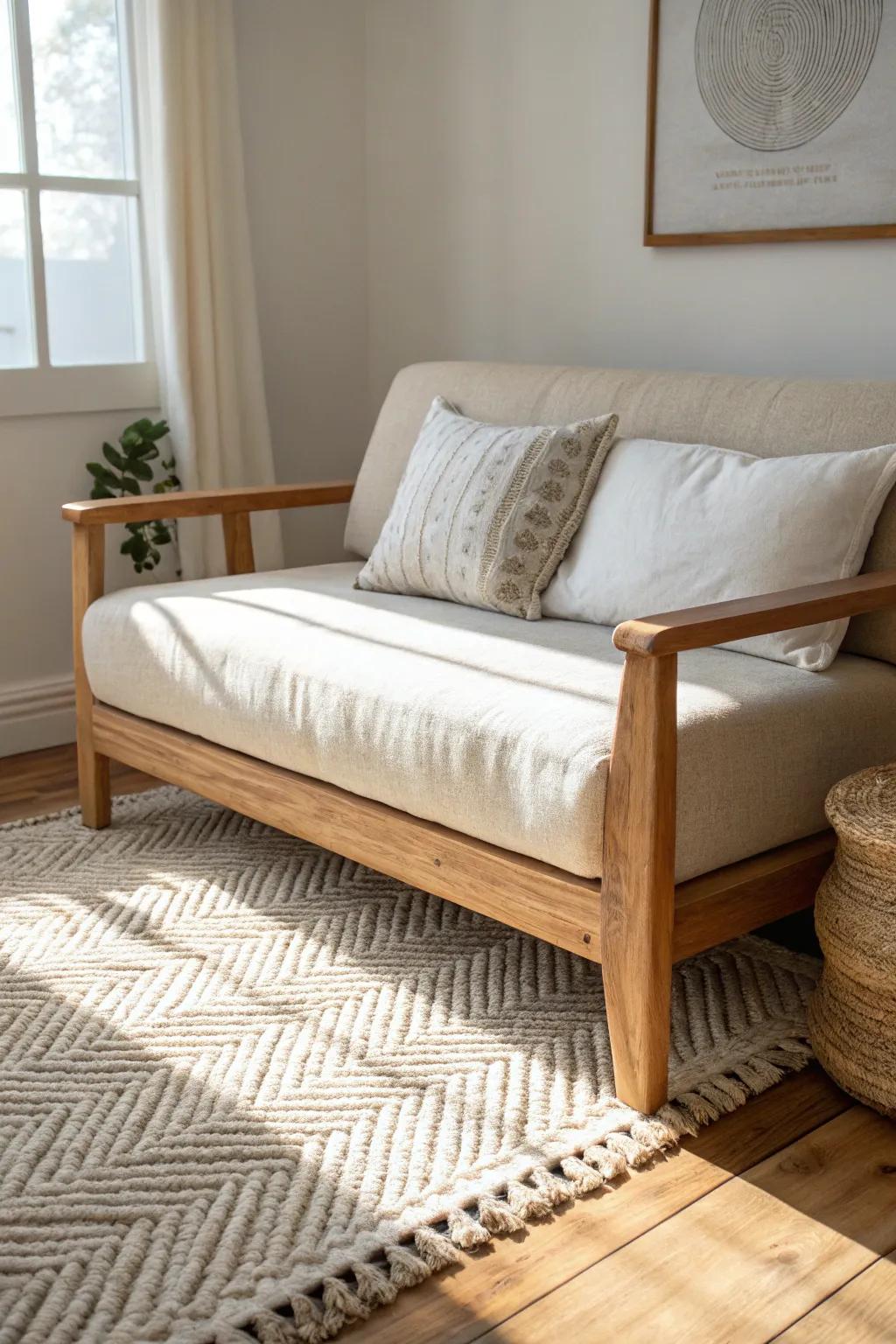 Anchor your bedroom loveseat with a rug tucked under the front legs for a finished look.