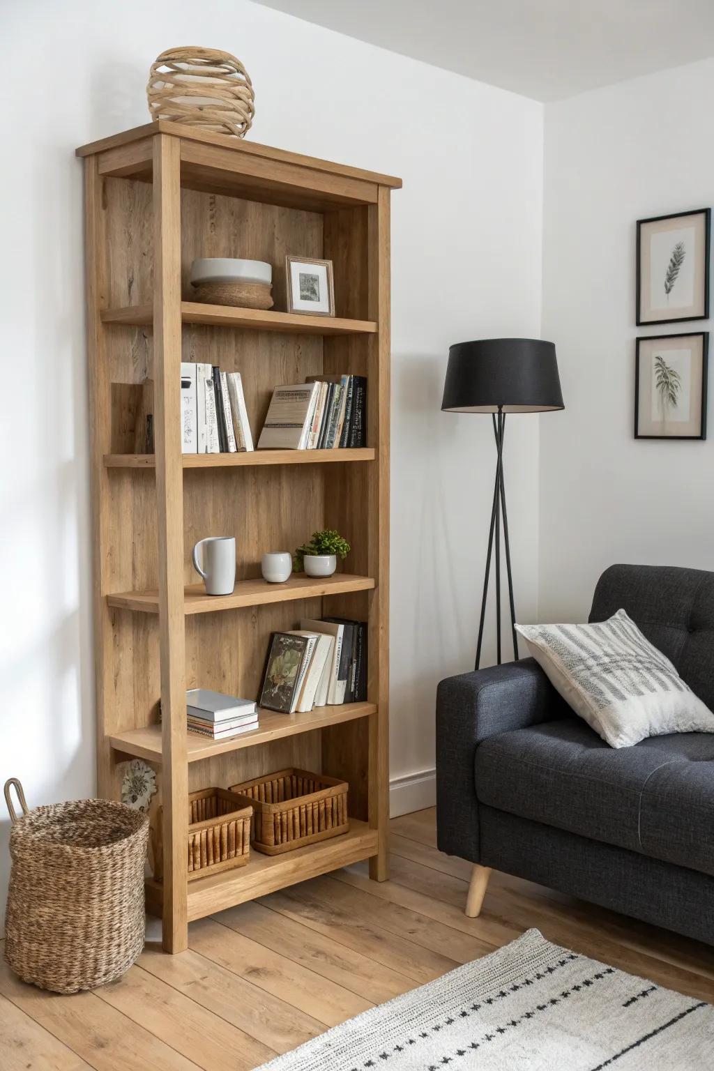 A low oak bookshelf behind the sofa—clean, cozy storage for books, mugs, and a lamp.
