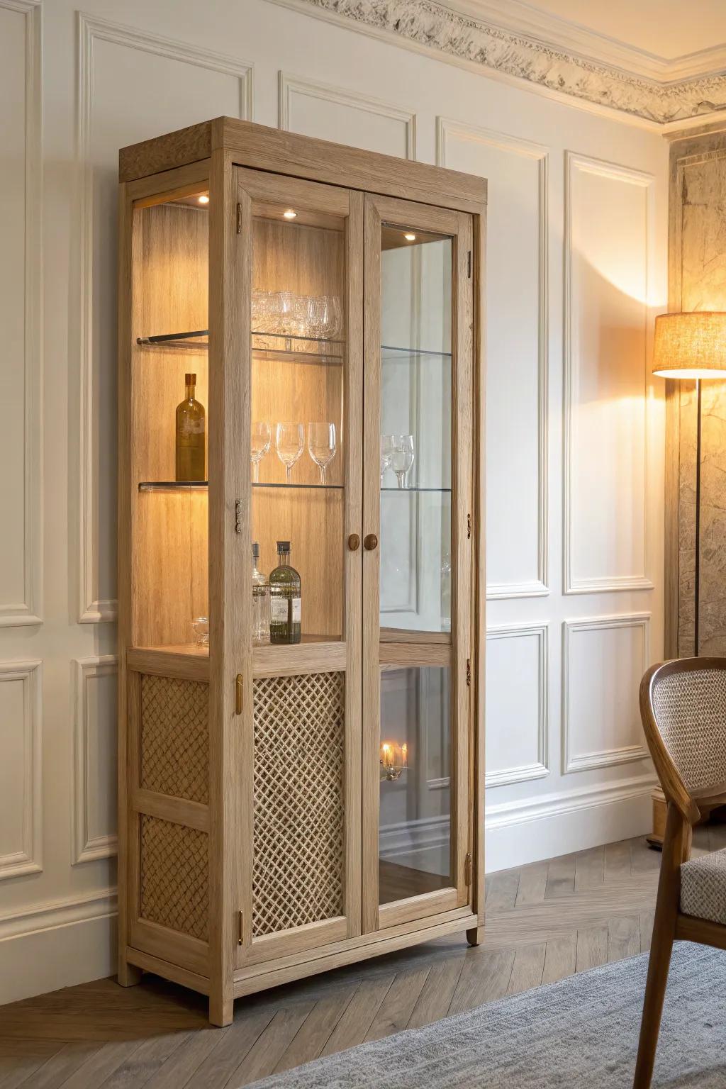 A glowing glass-front cabinet turns your bar glassware into a curated luxury display.