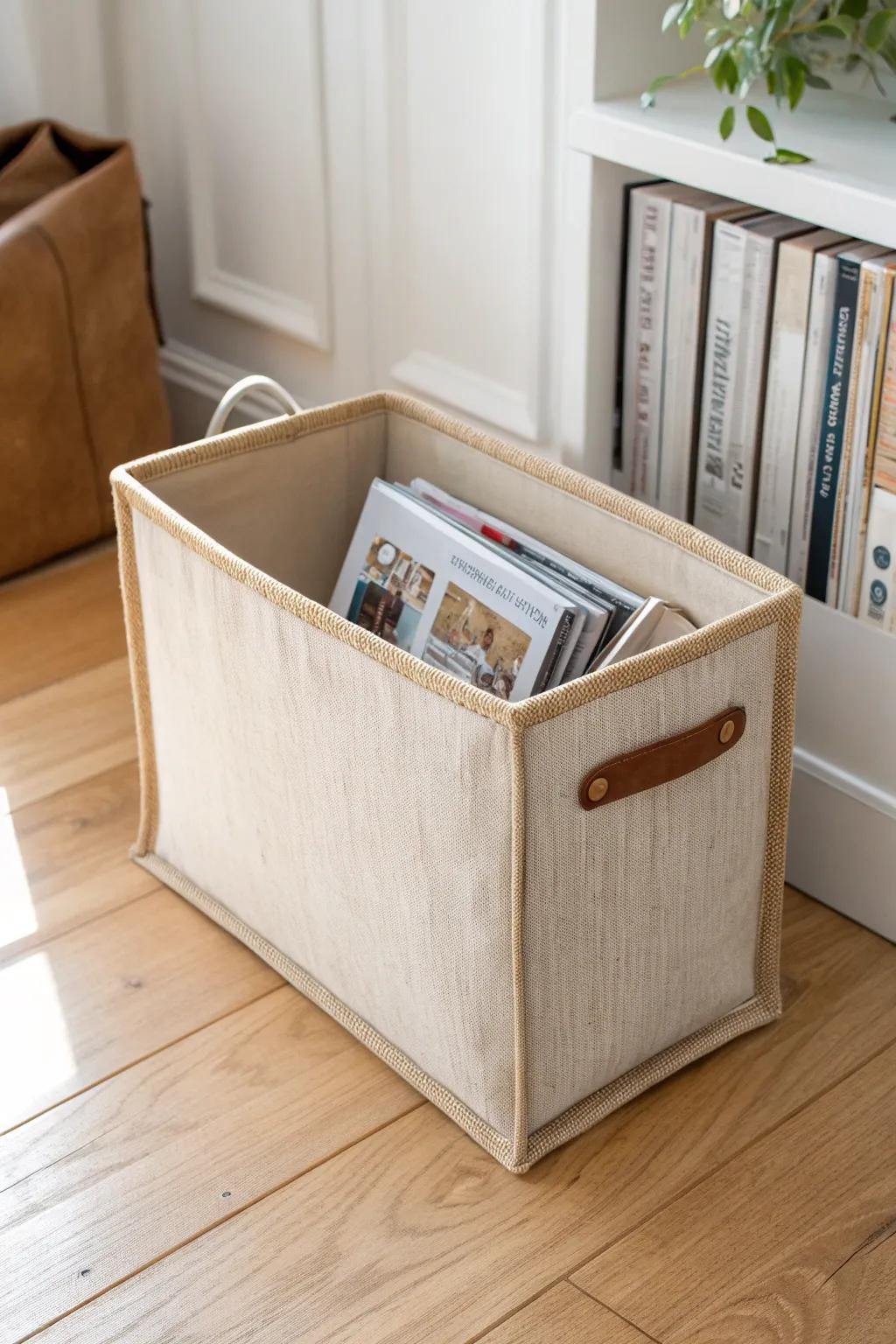 Cozy canvas-wrapped magazine holder—soft texture, clean lines, and warm Scandinavian calm.
