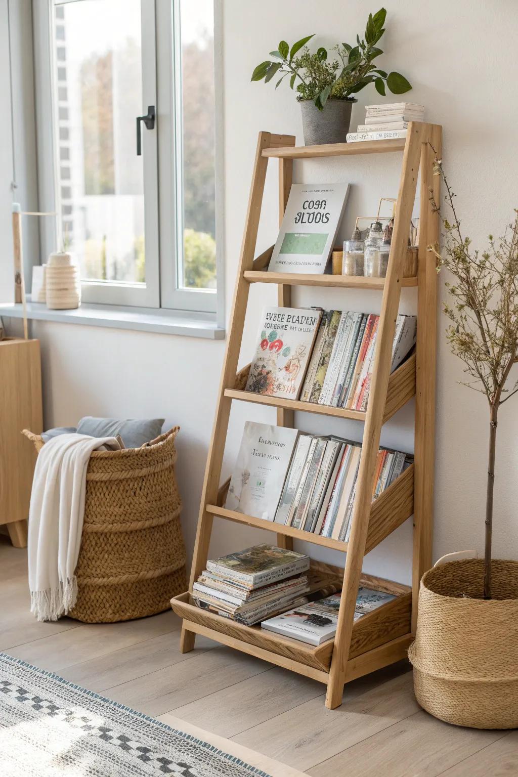 Season-sorted magazine row with handcrafted wood dividers—clean, calm storage with contrast.