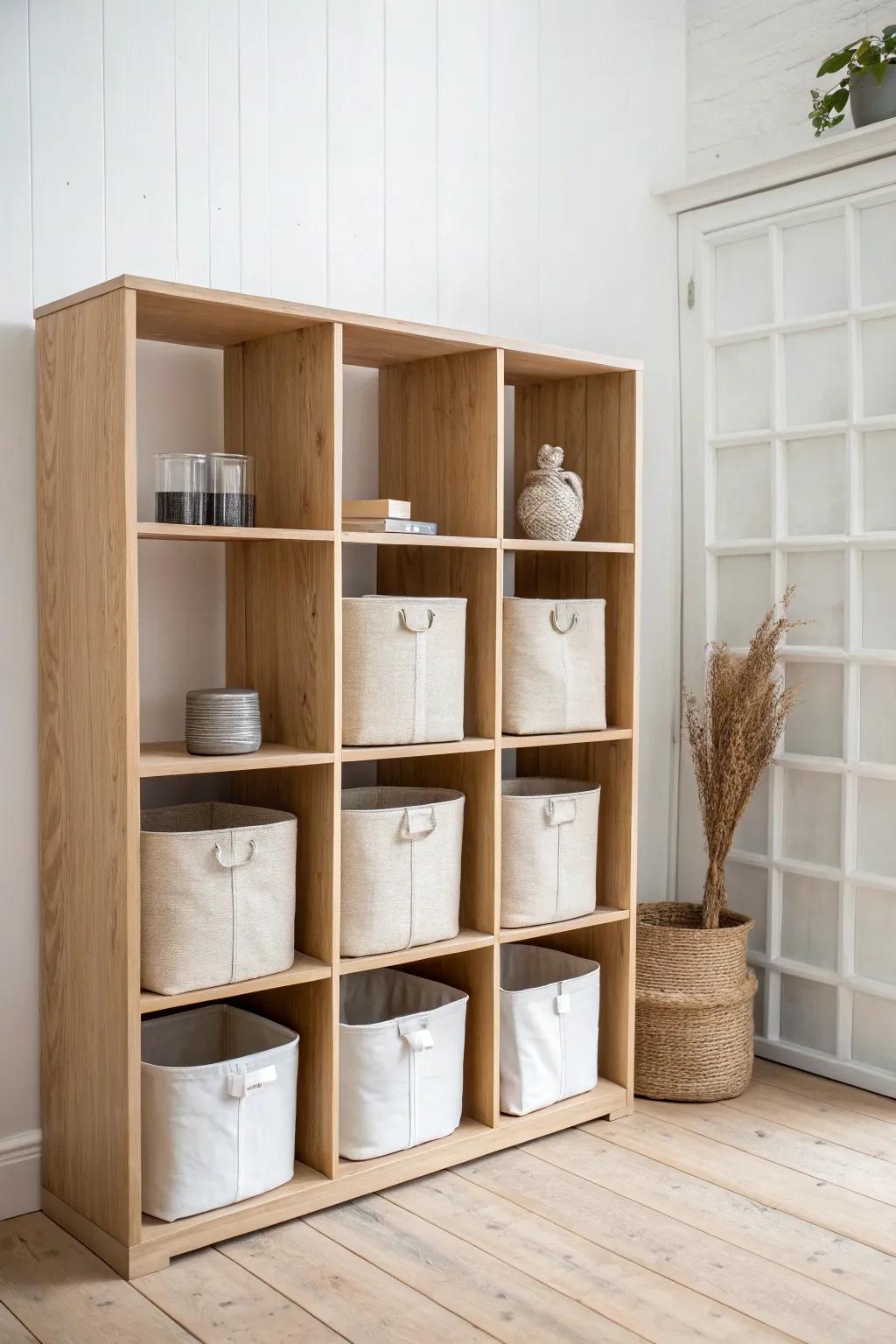 Modular cubby wall for makerspaces—tote-sized storage with clean labels and calm, natural style.