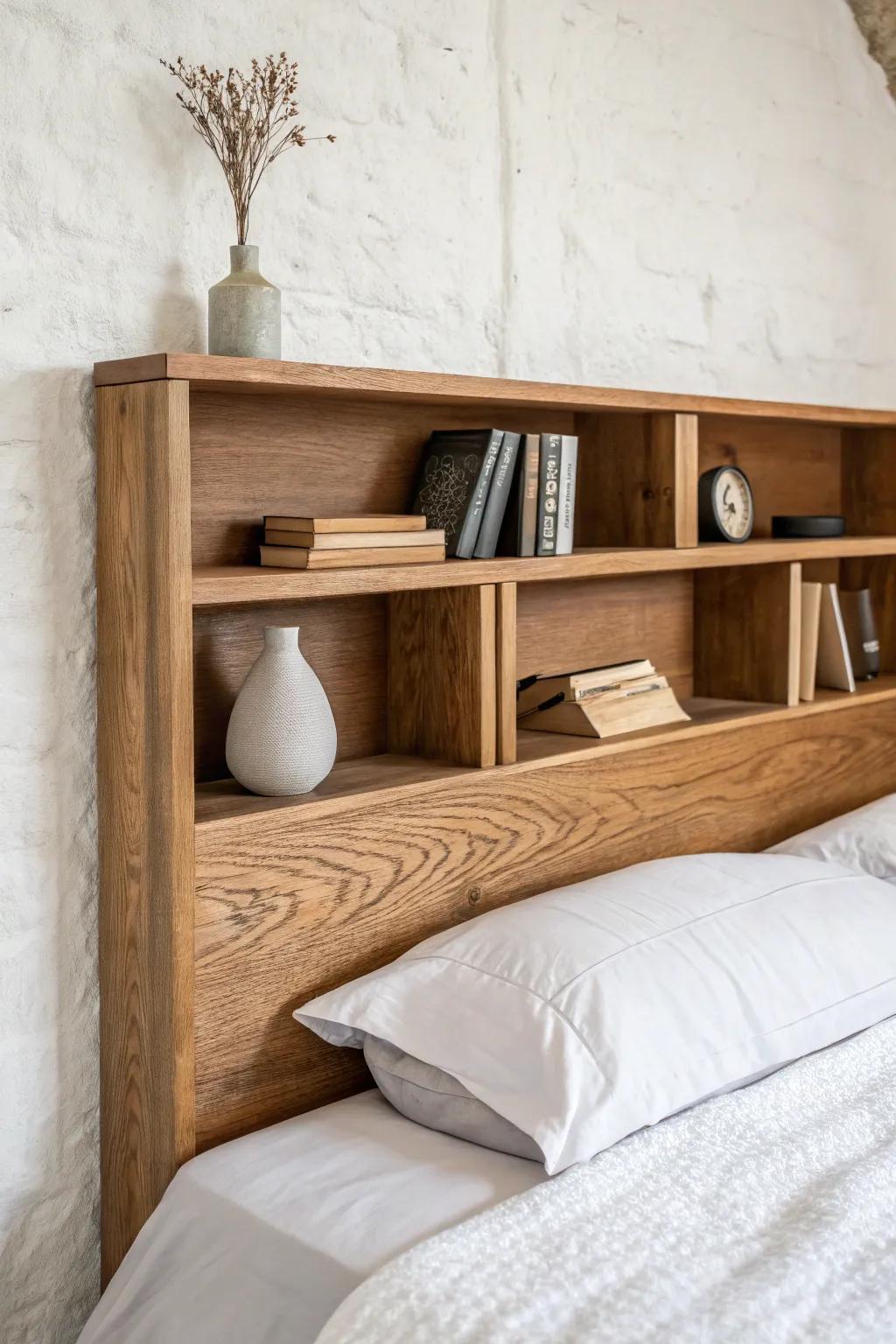 Built-in headboard with open cubbies—sleek storage that turns the bed wall into a feature.
