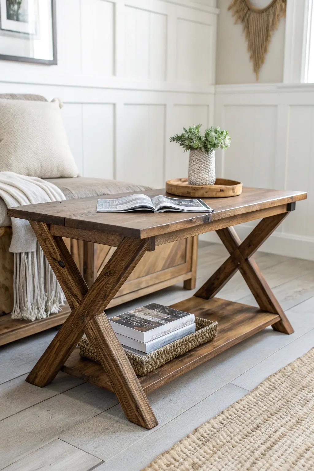 Smoked oak X-leg coffee table with a clean shelf—rugged farmhouse style, refined and tidy.