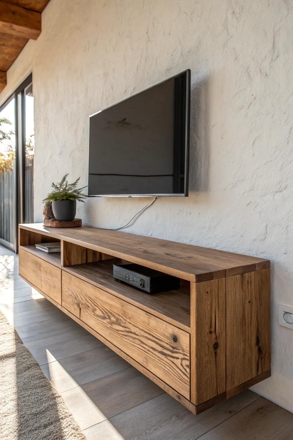 A thick reclaimed-wood floating console adds warm, handmade contrast beneath the TV.