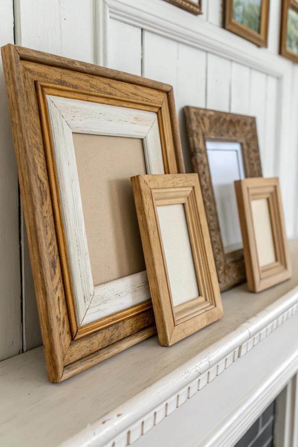 Create easy depth on your mantel with layered thrifted wood frames for a cozy collected look.