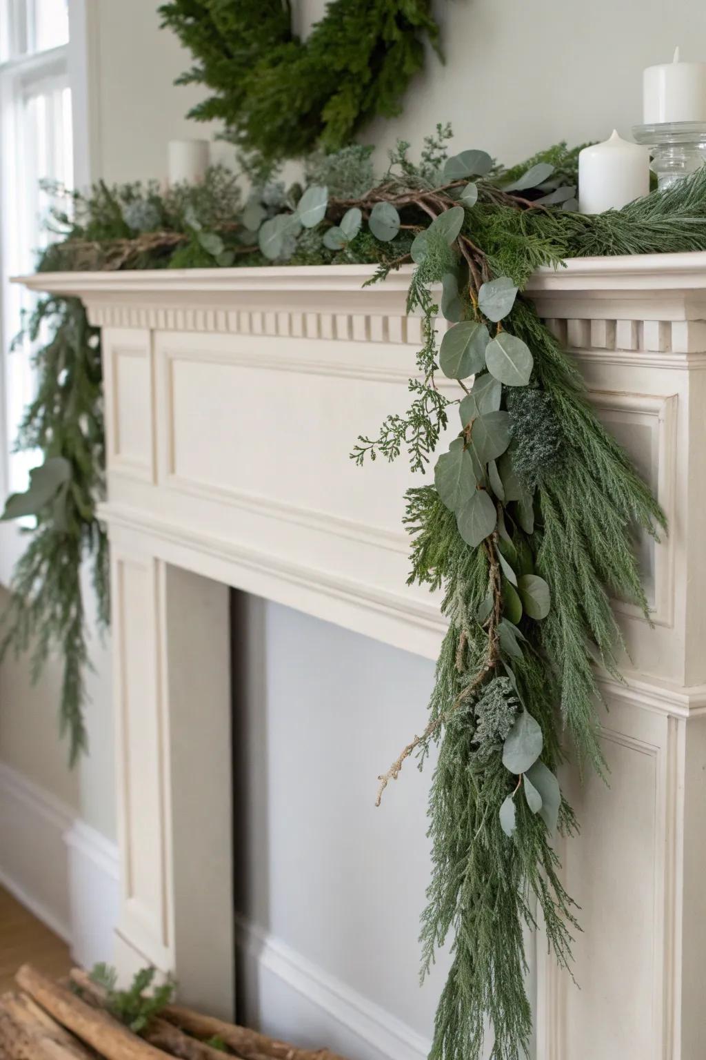 Layer eucalyptus over cedar for a lush, custom mantle garland with soft Scandinavian calm.