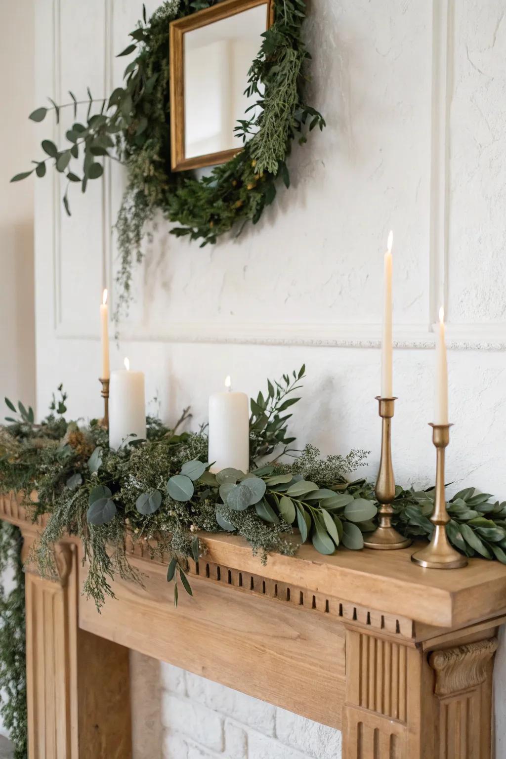 Layer mantle greenery in front of staggered candles for a soft, sculptural glow.