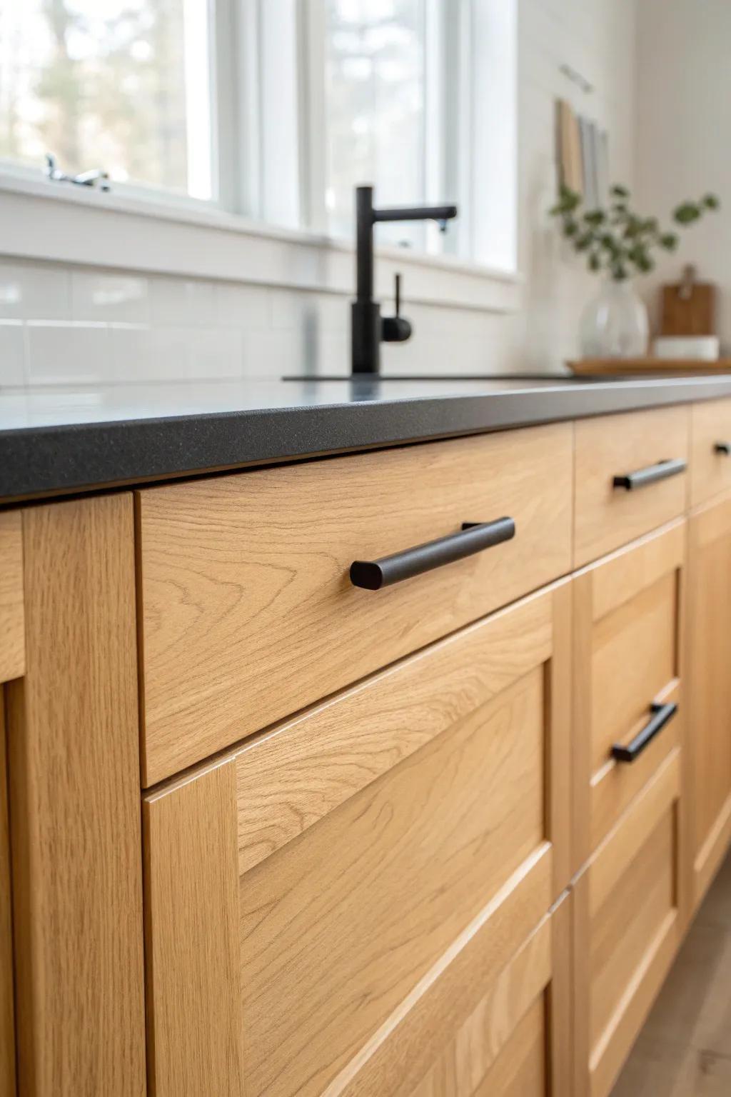 Matte black pulls on warm maple make black countertops feel curated and effortlessly modern.