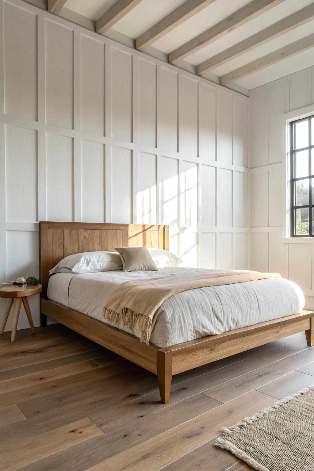 Floor-to-ceiling board & batten frames the bed, adding calm farmhouse structure in a modern way.