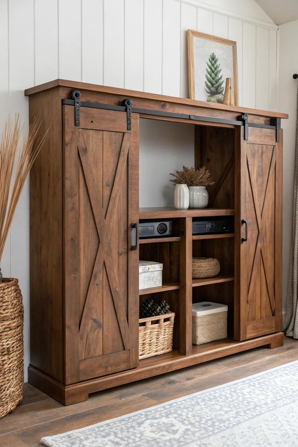 Cozy farmhouse barn-door media cabinet with dark stained doors for a calm, balanced wall.
