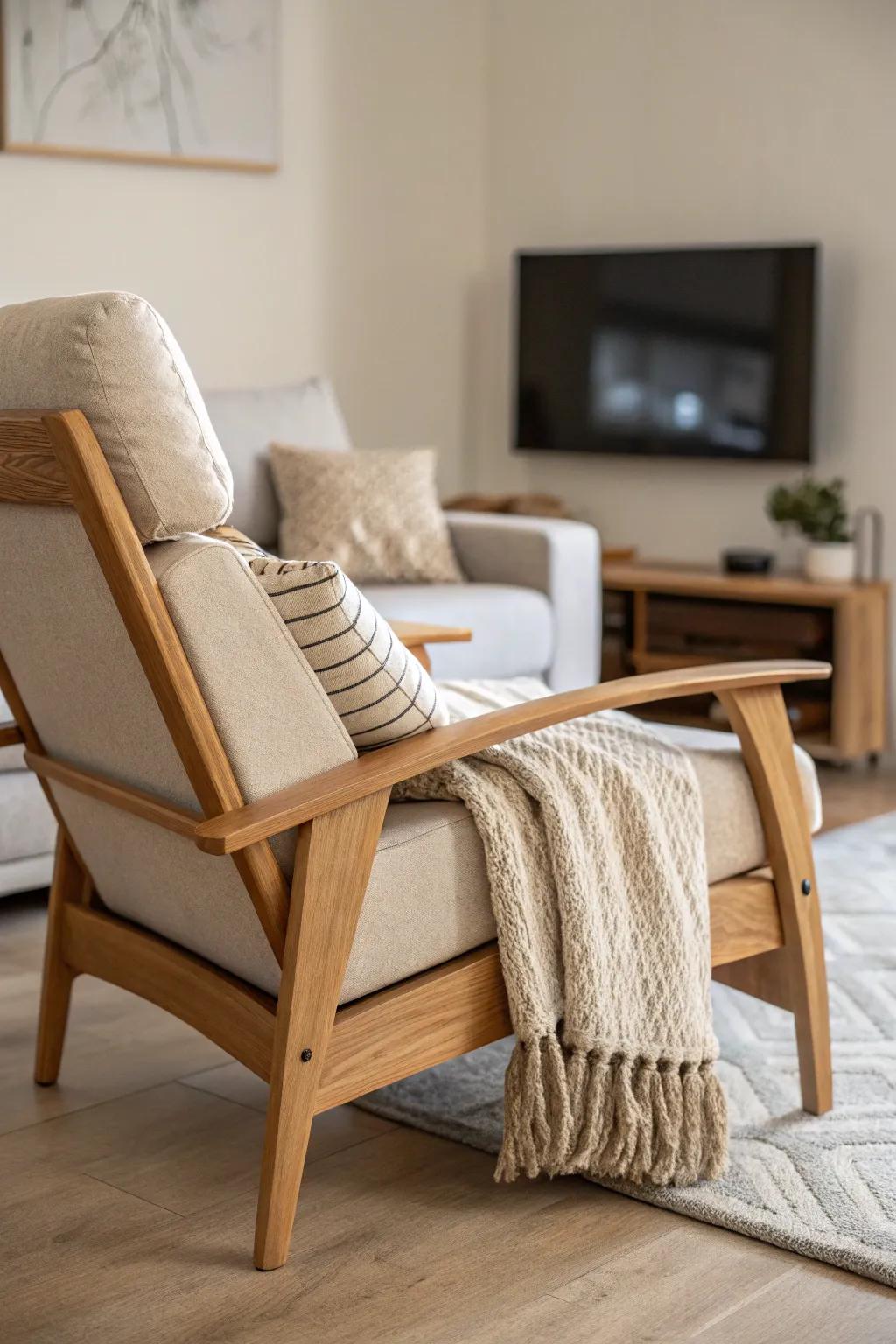 A cozy oak-and-linen recliner that pairs beautifully with a sofa for a screen-friendly media room.