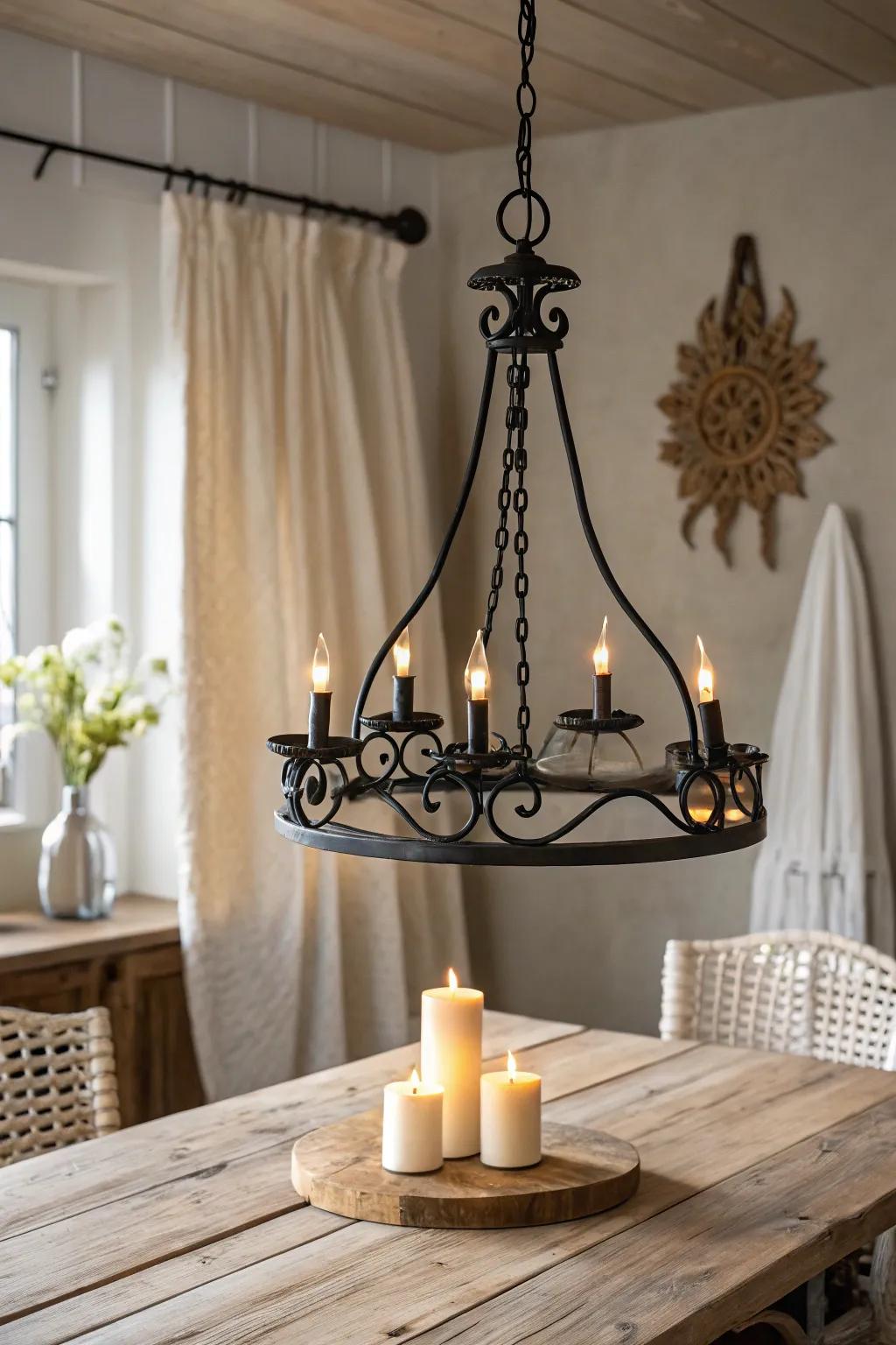 Wrought-iron ring chandelier glow—an easy way to bring medieval mood into a modern home.