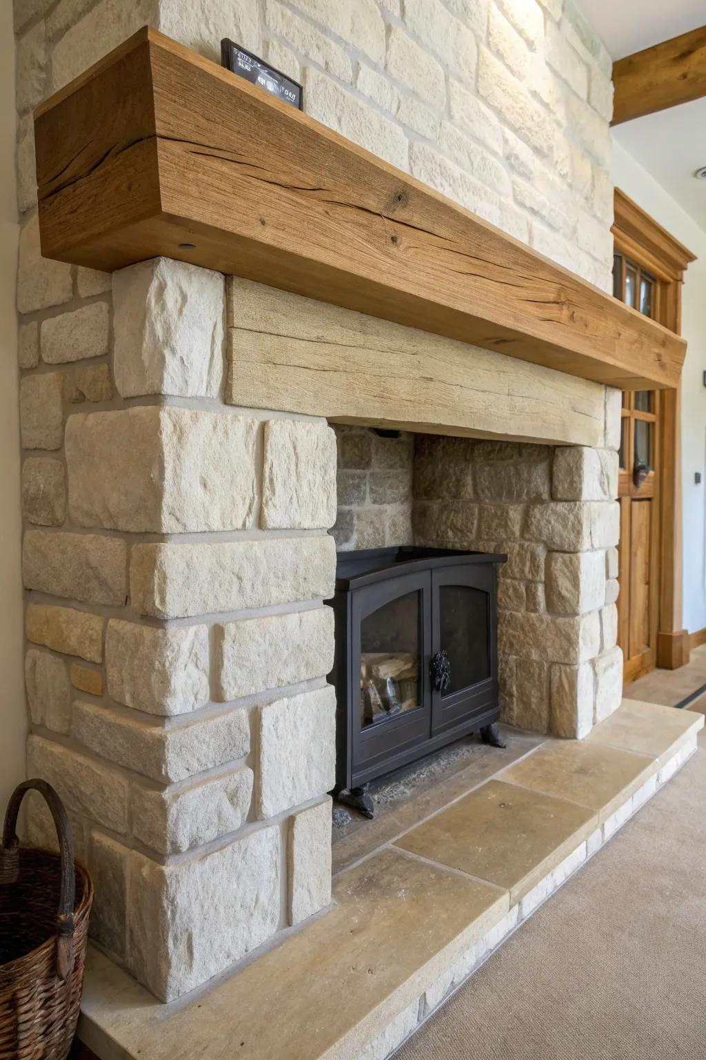 A thick oak mantel and pale stone surround for an instant medieval hall fireplace moment.