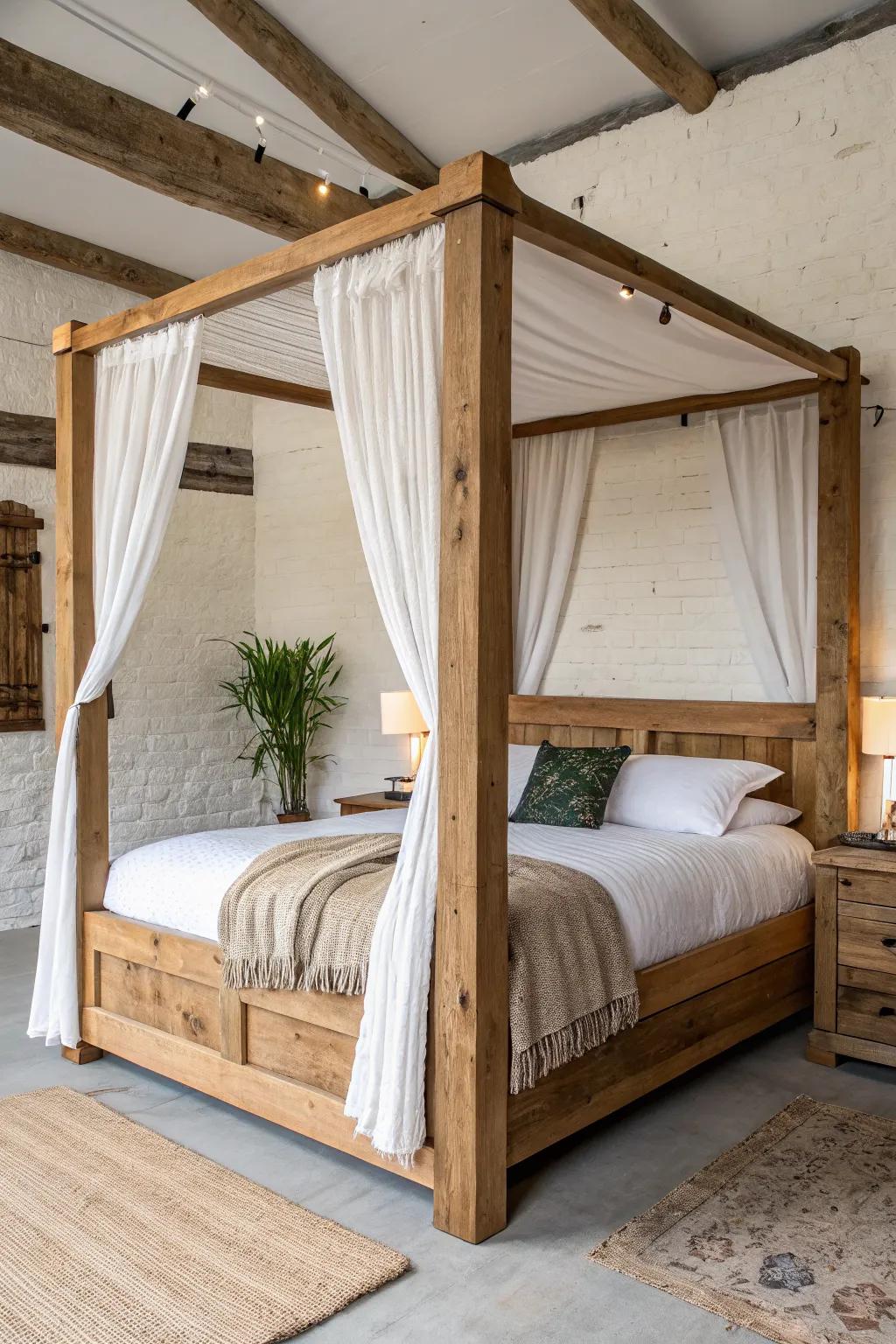Chunky oak four-poster canopy bed—minimal Scandinavian lines with a softly medieval touch.