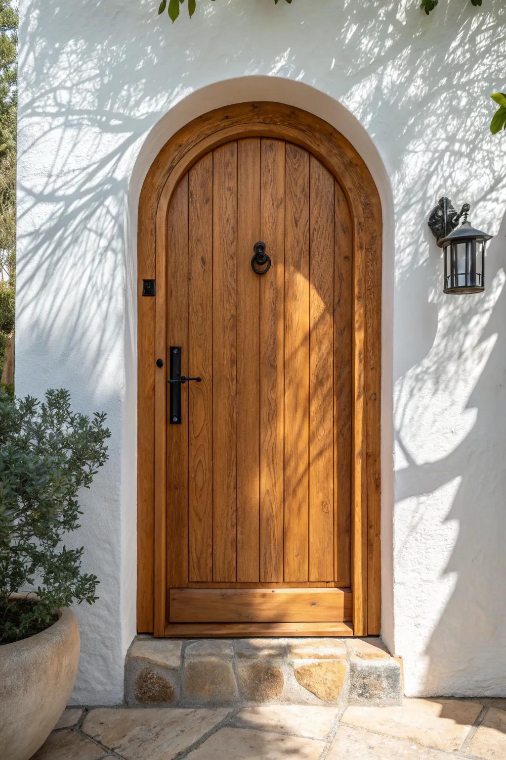 Deep warm stain + bold grain: a sun-kissed Mediterranean door that feels timeless.