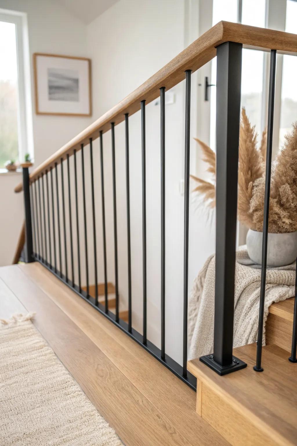Slim matte-black balusters paired with light oak for a modern mezzanine railing look.