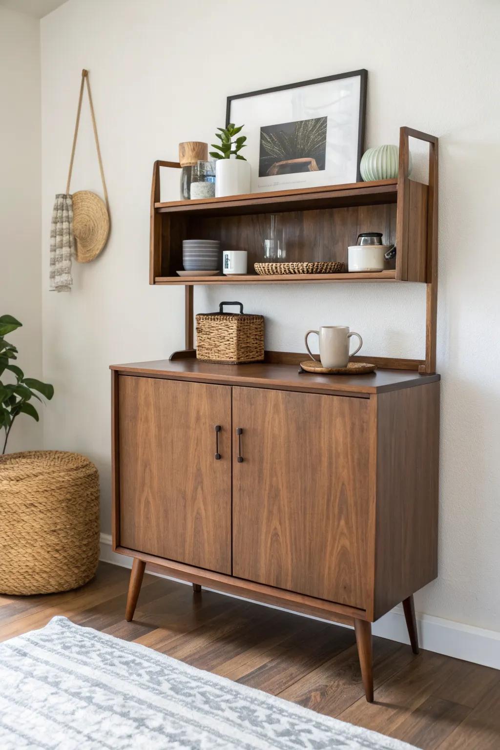 Walnut base cabinet + floating shelves for an airy mid-century coffee bar that looks like it’s hovering.
