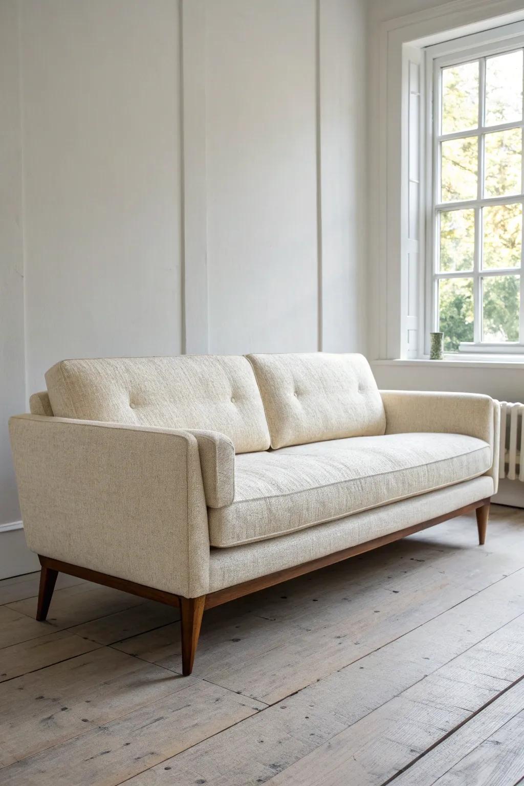 Low, clean-lined sofa with warm wood legs—mid-century ease for an airy, modern room.