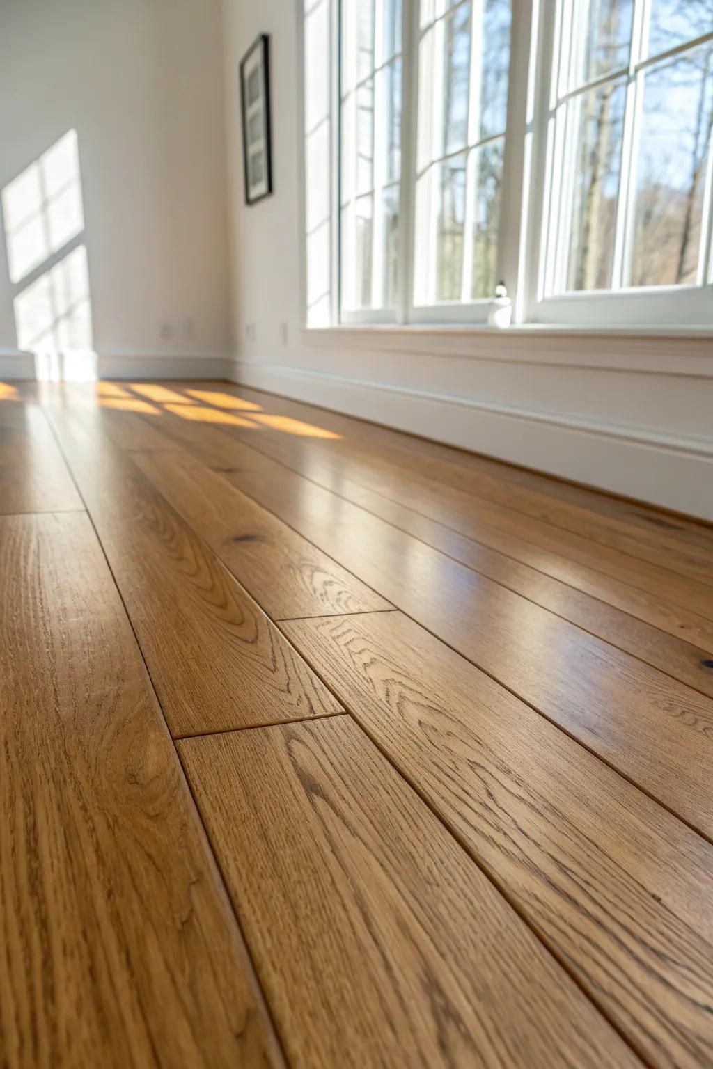 Narrow plank oak flooring brings authentic mid-century rhythm—retro scale, modern calm.