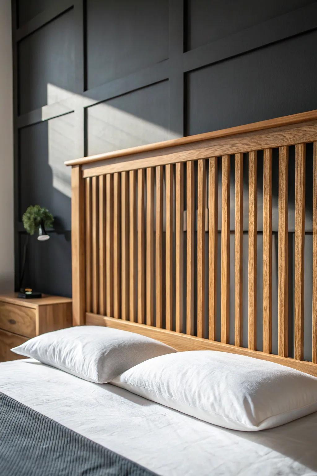 Vertical spindle headboard in warm oak—mid-century charm with crisp contrast on a dark wall.