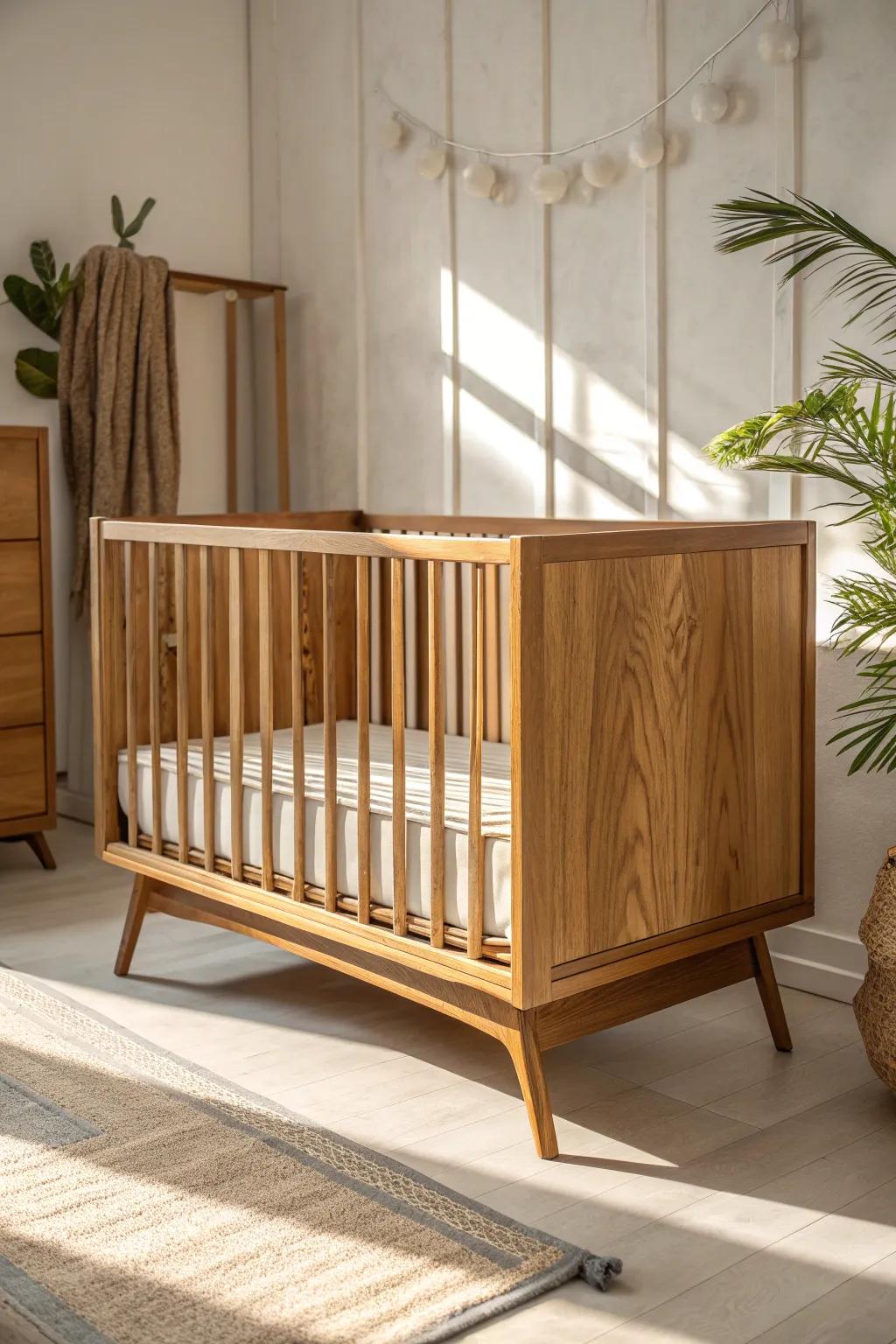 Warm oak with walnut accents keeps a mid‑century nursery calm, cohesive, and timeless.