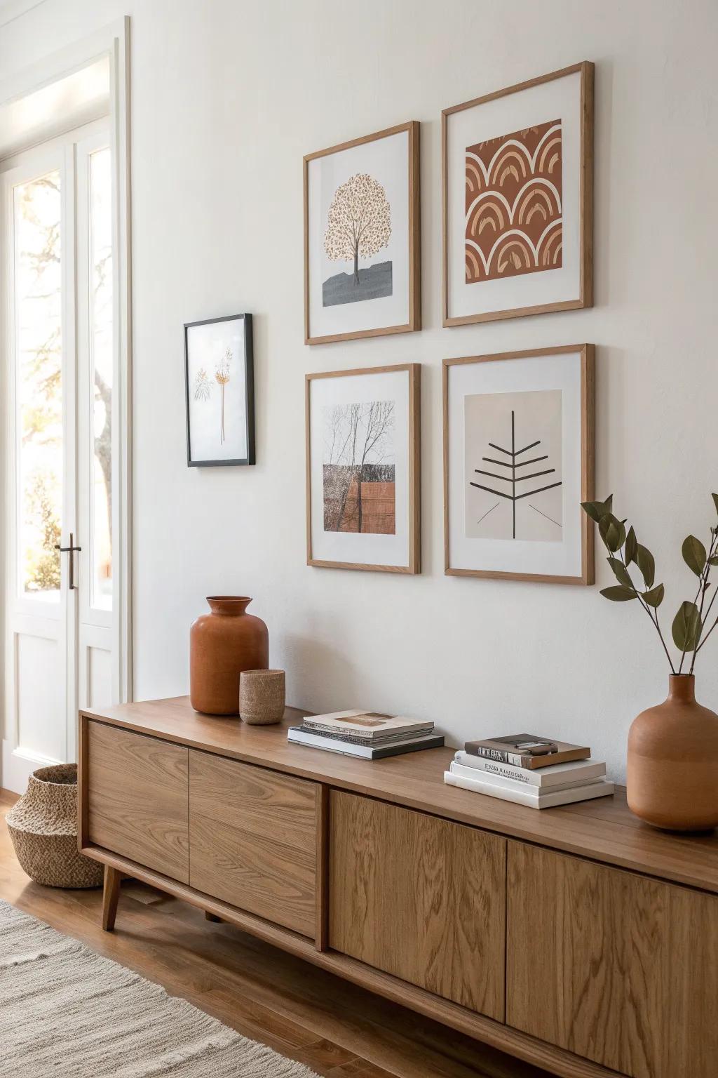 Three warm wood frames in perfect balance above a mid‑century sideboard—simple, styled, serene.