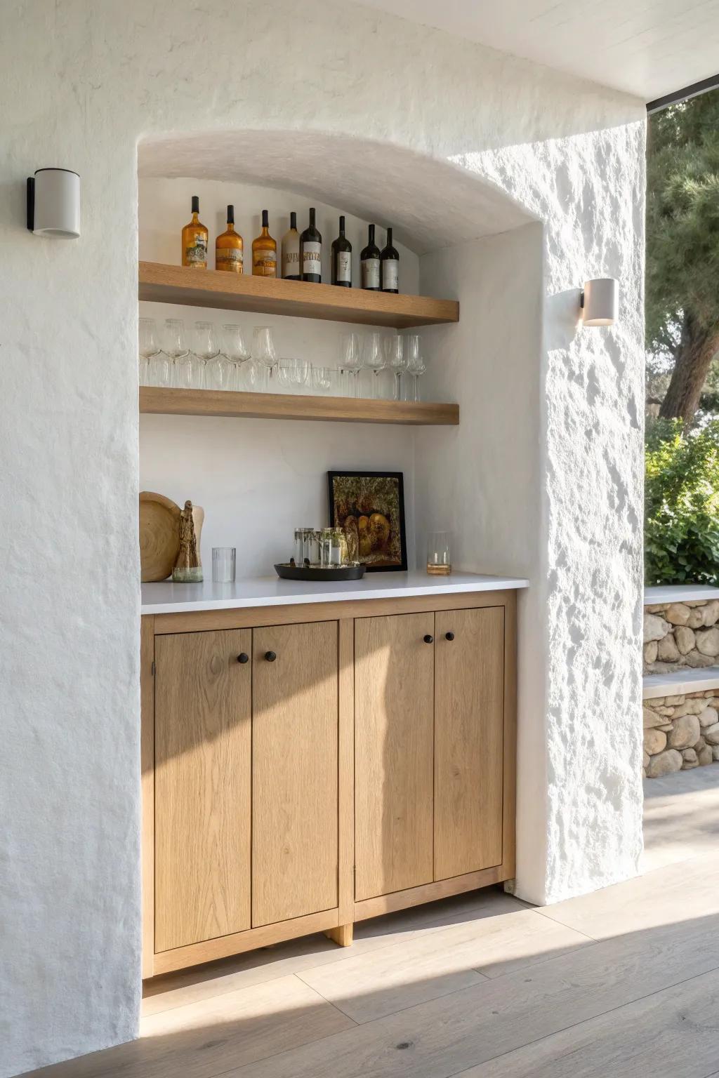 A recessed nook mini bar cabinet in light oak—floating shelf styling for an airy built-in look.