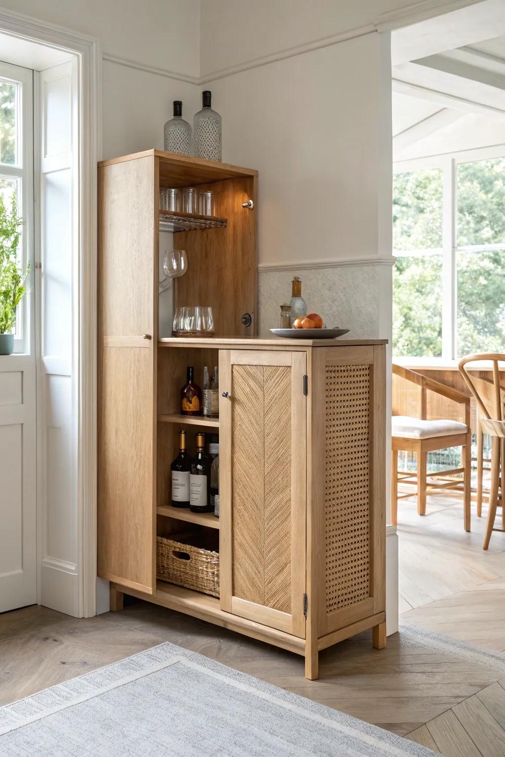 Corner cabinet mini bar: handcrafted oak storage that turns unused corners into cozy mixing space.