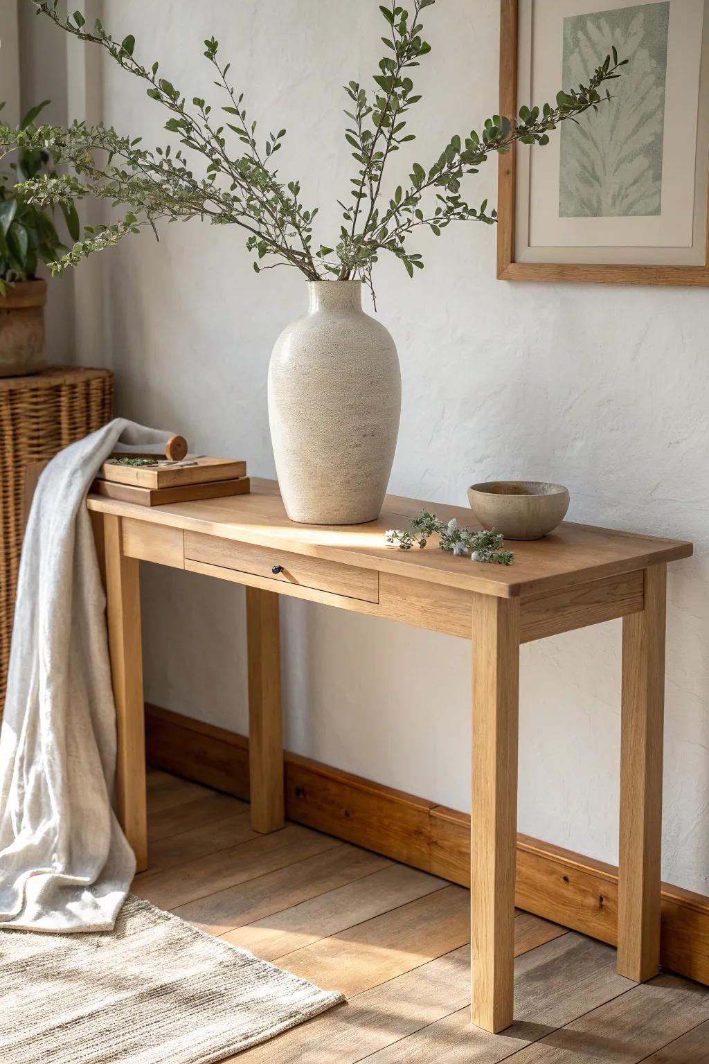 A tall vase with airy branches adds calm height and minimalist drama to your console table.