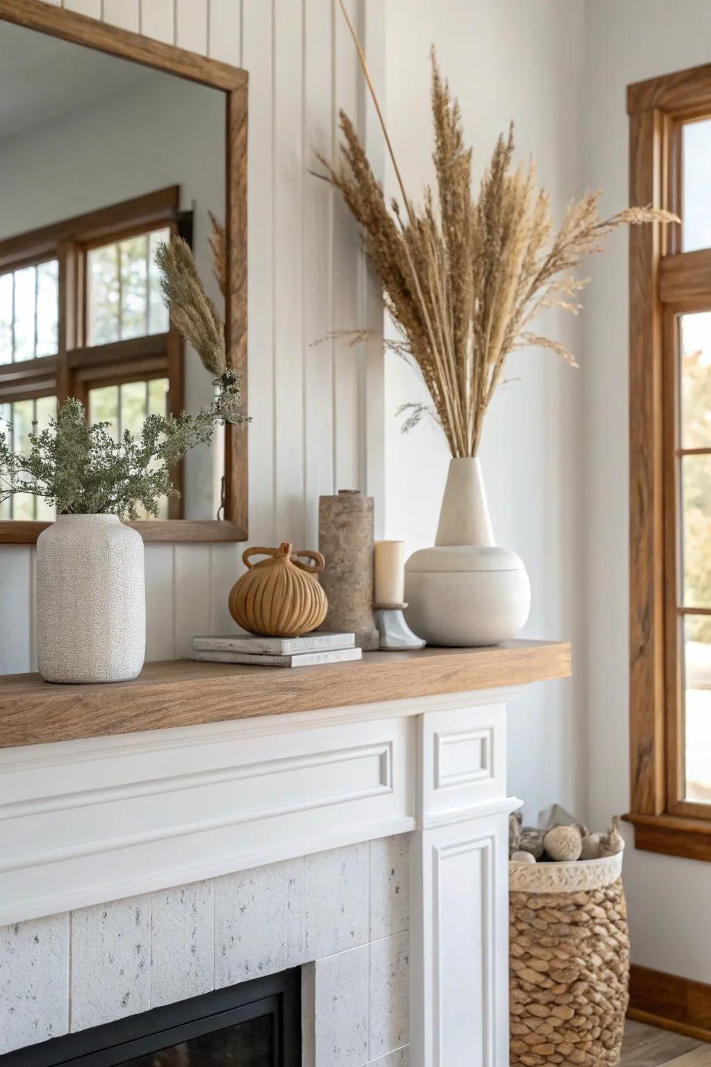 Rule of three mantel styling: one tall, one medium, one small—simple, warm, and balanced.