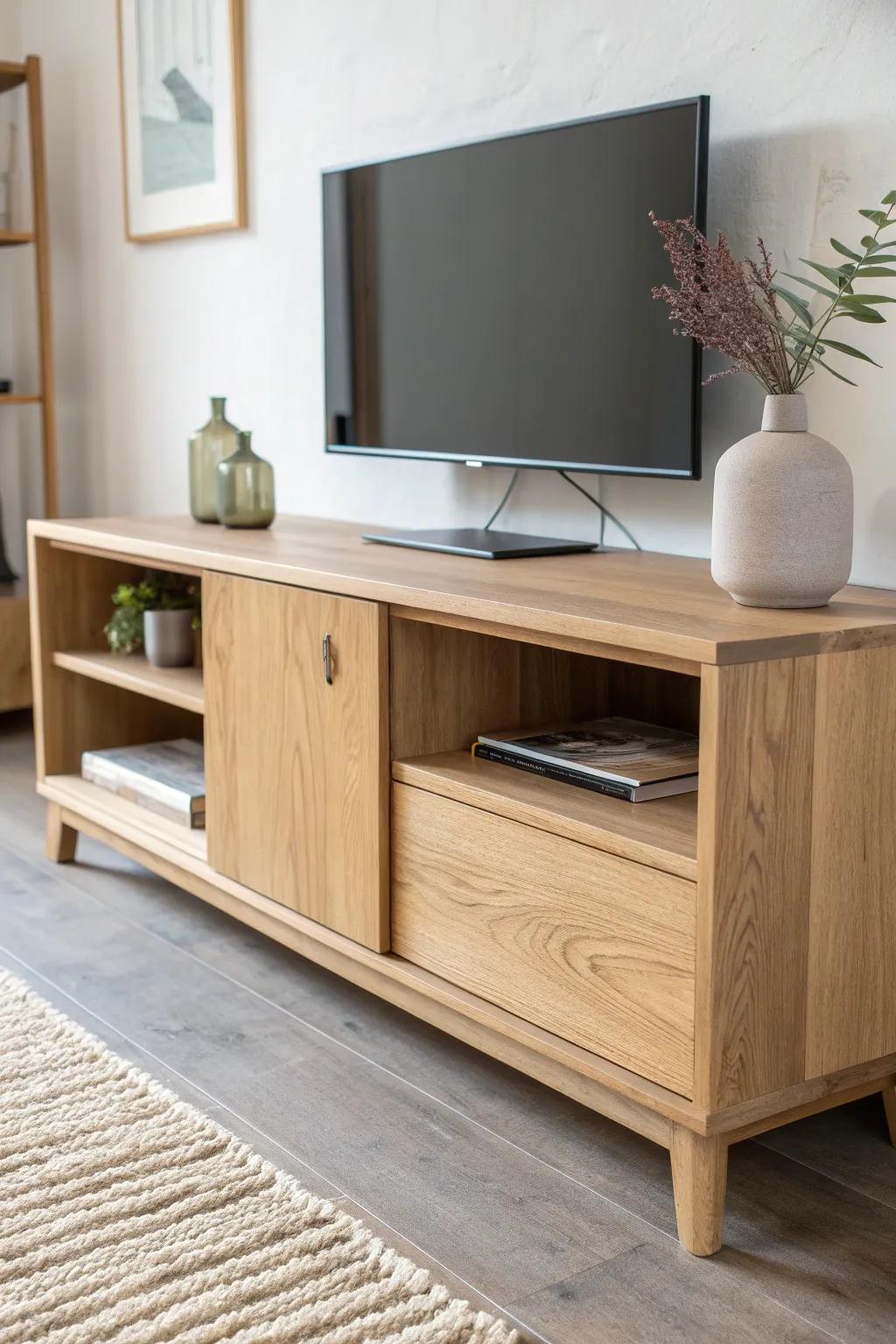 A slim, long oak console with push‑latch storage—perfect for narrow rooms without visual clutter.