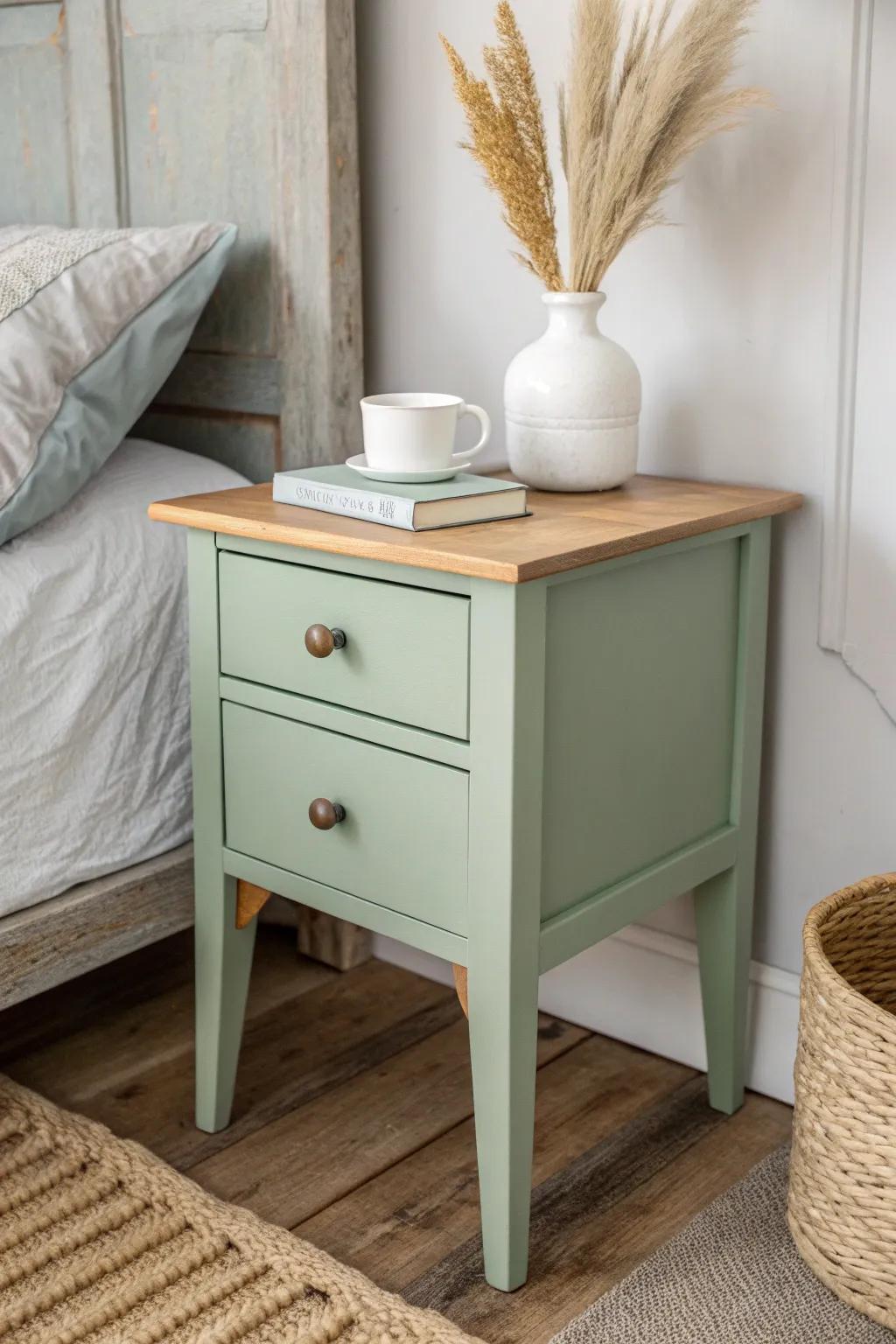 Two mismatched finds, one muted green paint—instantly a cohesive nightstand set with charm.