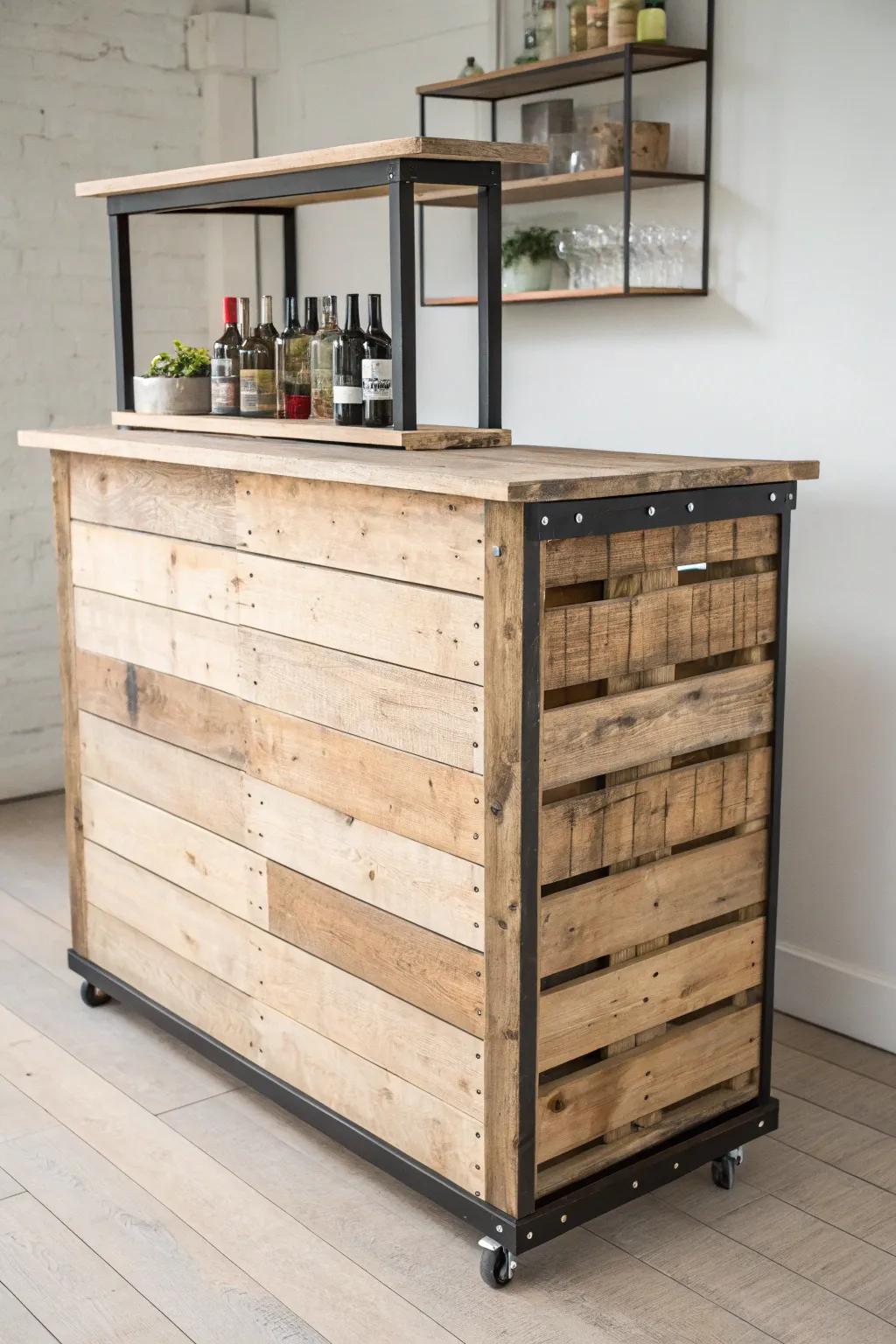 Reclaimed pallet mobile bar—rustic texture, matte finish, and sleek wheels for easy hosting.