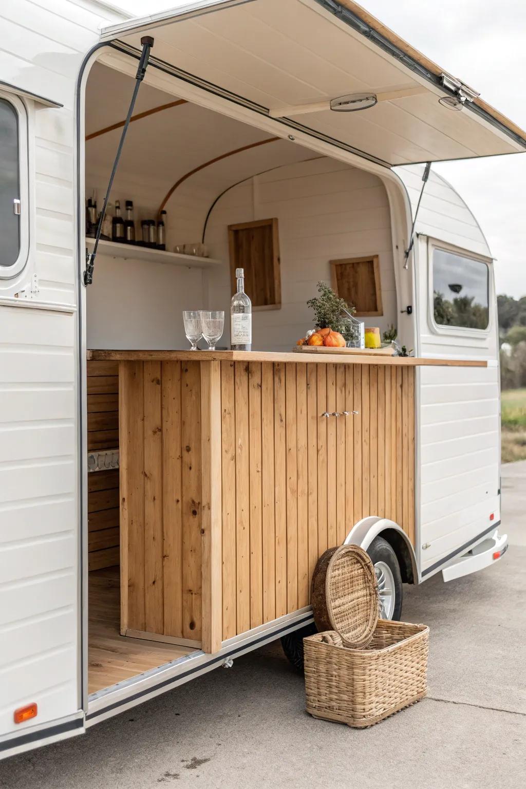 Cozy shiplap-lined mobile bar trailer—warm matte wood, clean lines, and effortless farmhouse charm.