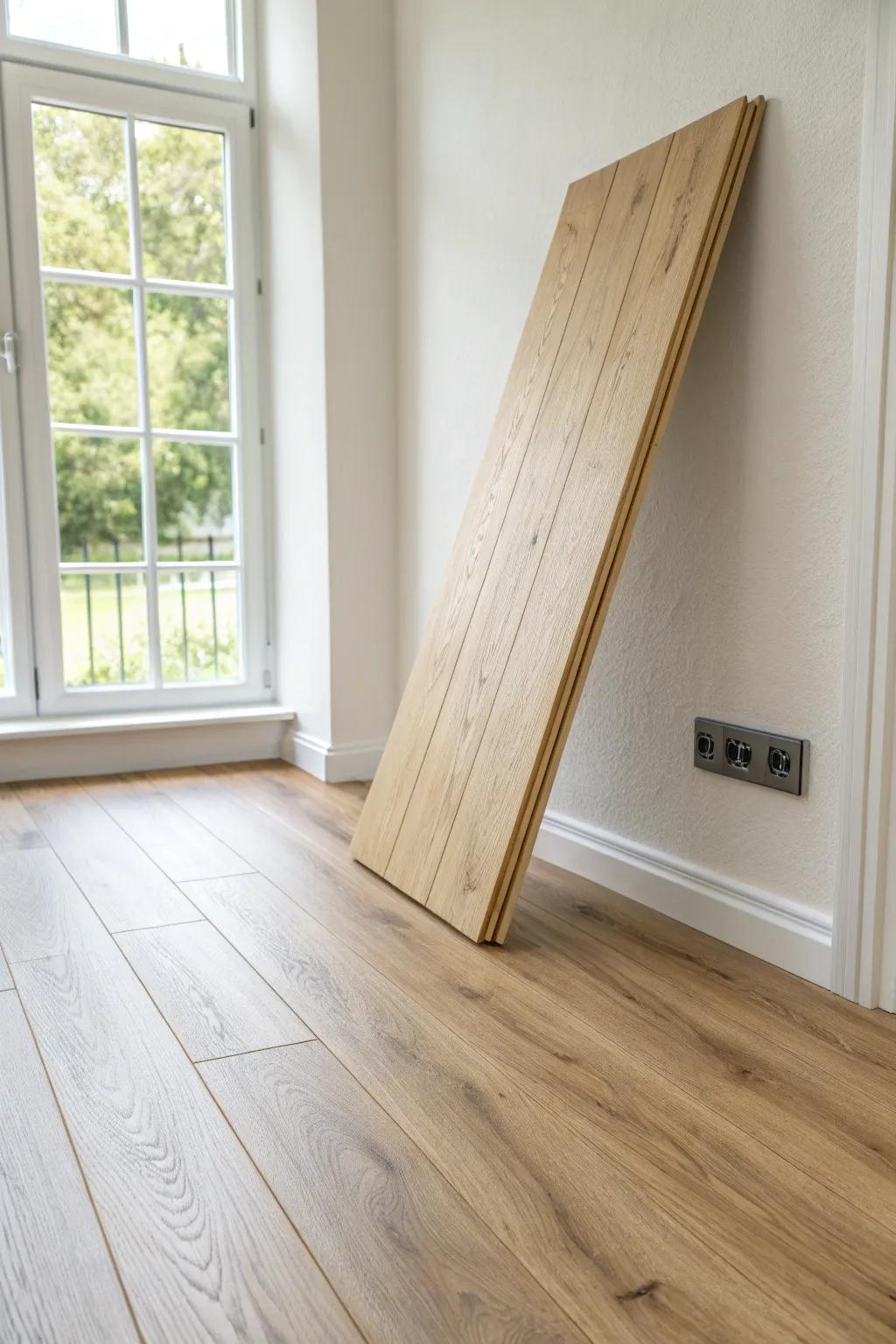 Bright oak-look laminate brings a warm wood feel to mobile homes—simple, budget-friendly, low fuss.