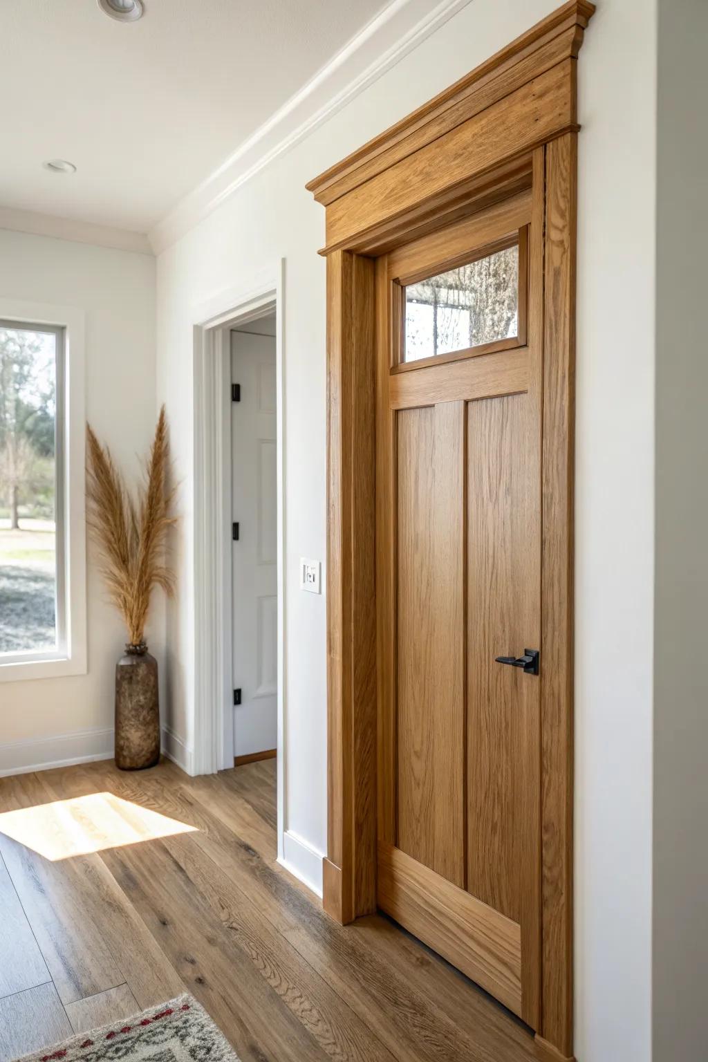 Simple header block + thicker casings instantly give a mobile home door a custom built-in look.