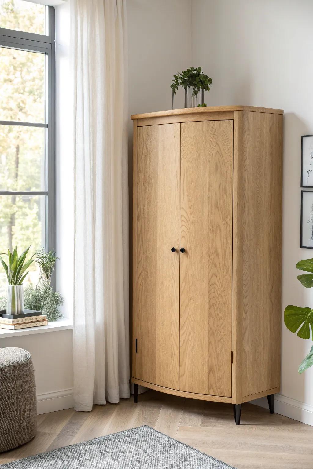 Angled-front corner bar cabinet in light oak—space-smart, minimal, and beautifully crafted.