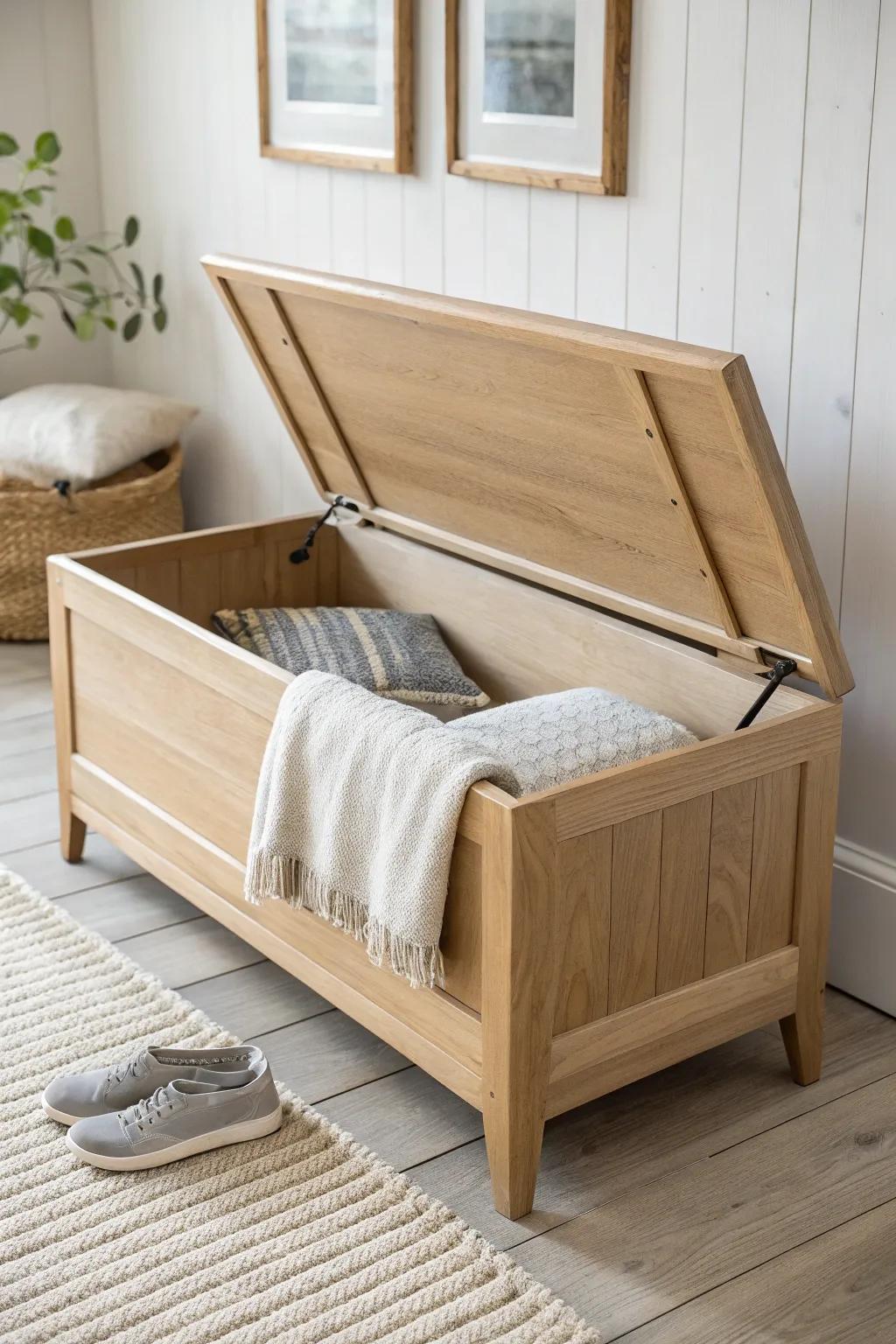 A sleek lift-top oak bench that hides blankets in style—minimal, calm, and crafted.