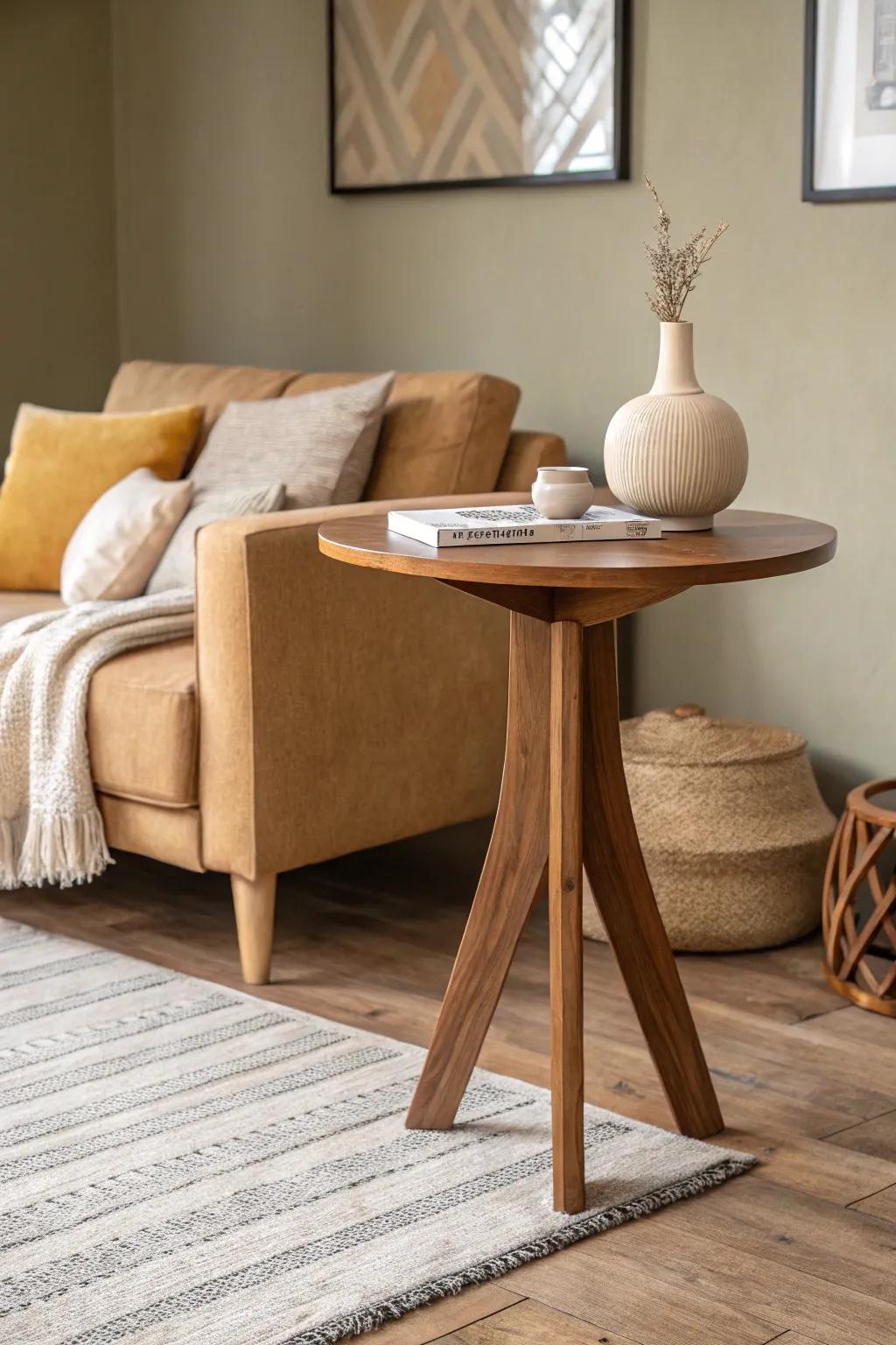 Layer browns the modern way: light oak + walnut tones for a collected, cozy living room.
