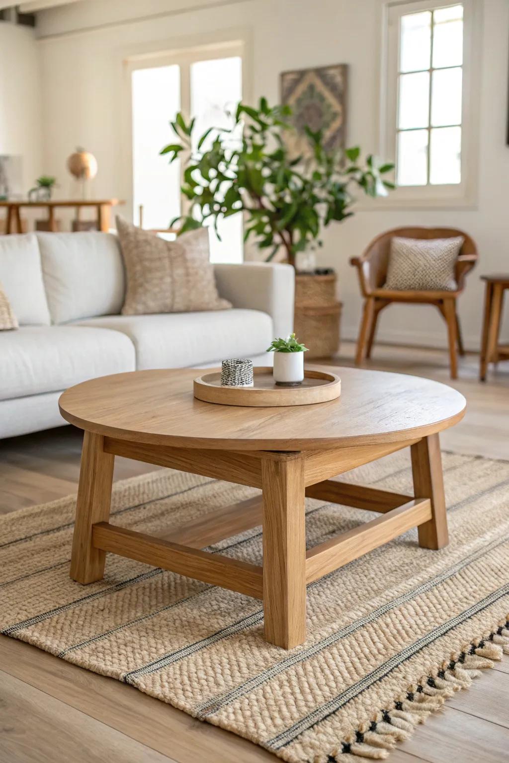 A living-room style foyer starts with one beautiful wood coffee table that invites people to stay.