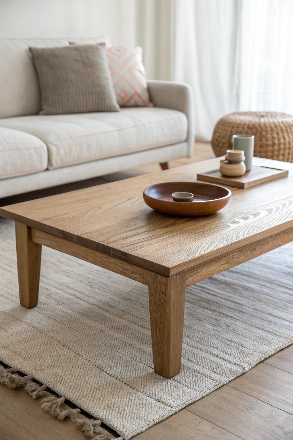 Low-profile platform coffee table: thick top, short legs, and a sleek floating look.