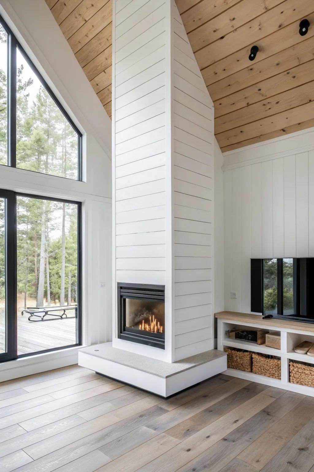 Vertical shiplap chimney makes a corner fireplace feel taller, modern, and beautifully balanced.