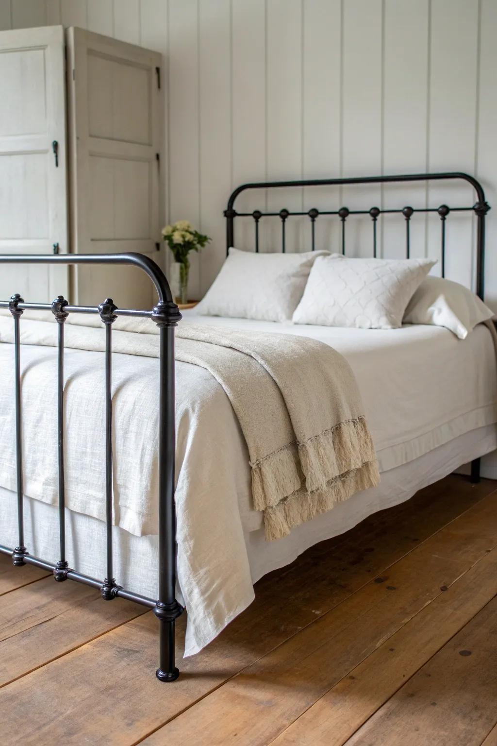 Matte black iron meets creamy linen for a modern cottage bed with timeless, cozy contrast.