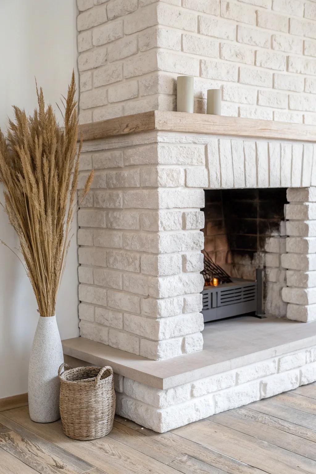A limewashed fireplace adds modern country charm—soft, chalky texture without visual clutter.