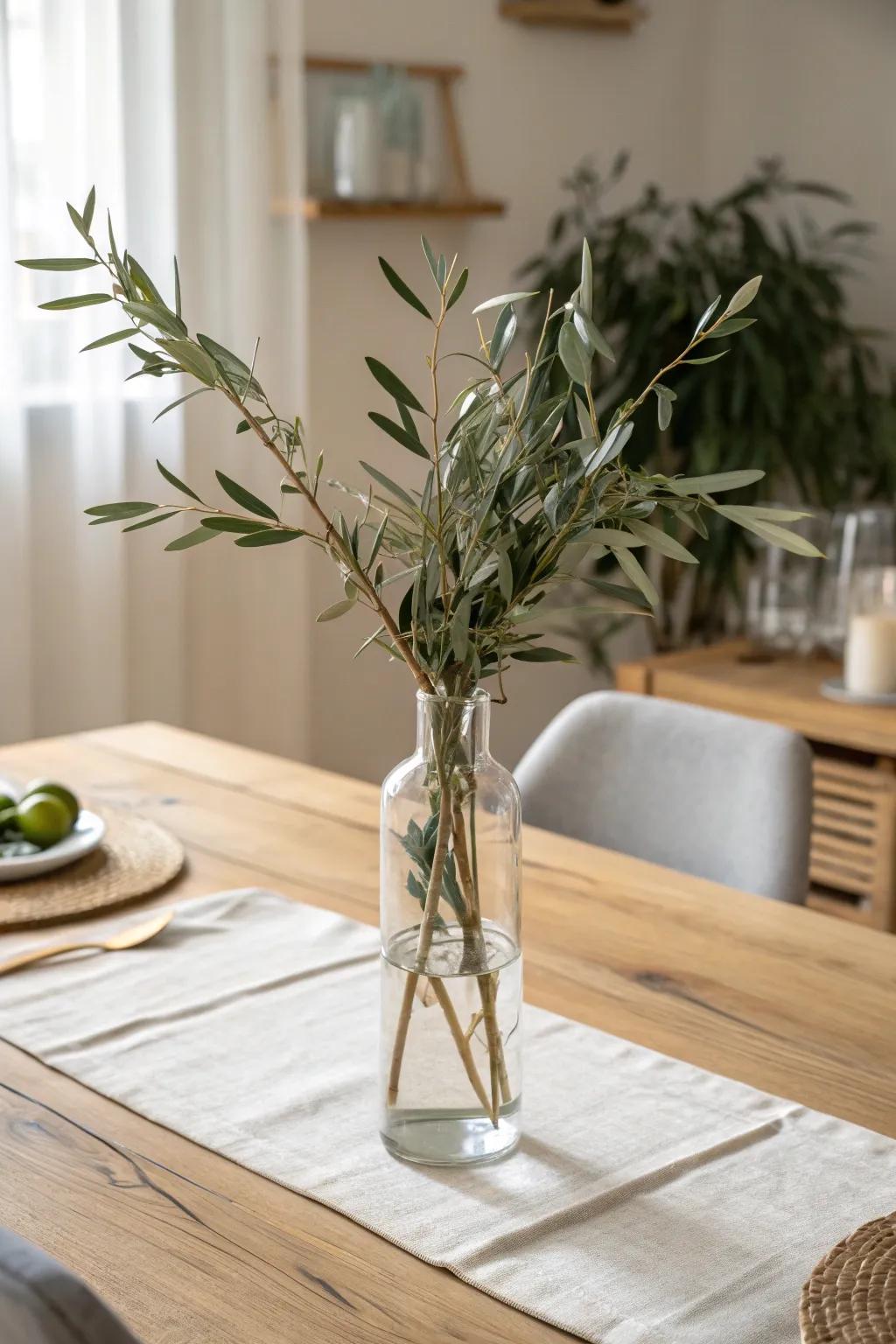 Simple green branches in a glass vase—modern, airy dining table decor with natural warmth.